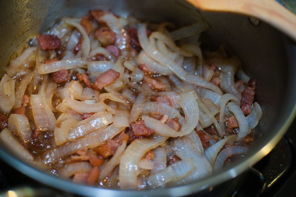 Sweated Onions and Bacon in a pot